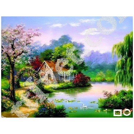 Наличен Диамантен гоблен КЪЩА С АРКА ОТ РОЗИ: Размер и Вид - Квадратни диаманти 39х30