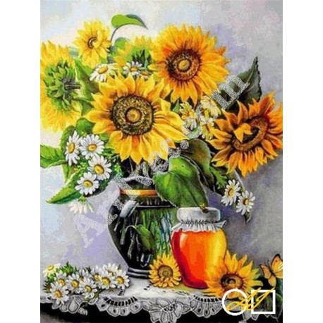 Наличен Диамантен гоблен ЛЯТНА ИДИЛИЯ - СЛЪНЧОГЛЕДИ И БУРКАНЧЕ С МЕД: Размер и Вид - Кръгли диаманти 40х30