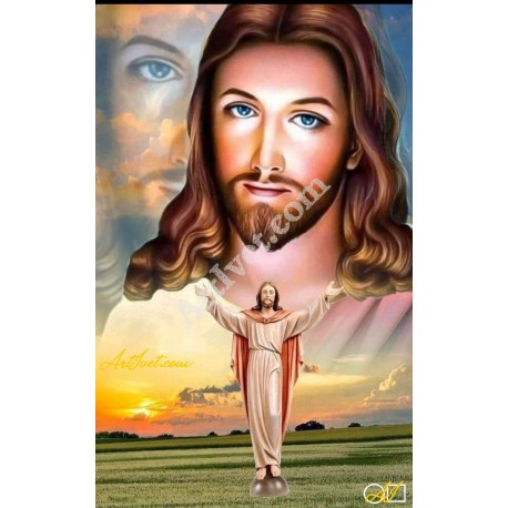 Наличен Диамантен гоблен ИСУС – ВСЕМИРНА ЛЮБОВ: Размер и Вид - Кръгли диаманти 60х38