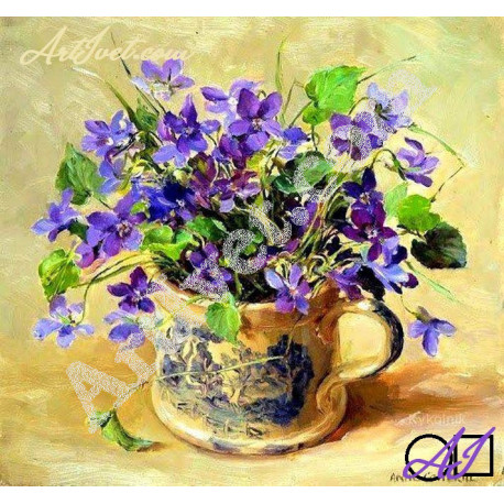 Наличен Елмазен гоблен ПЪРВИТЕ СТЪПКИ НА ПРОЛЕТТА – ЛИЛАВИ ТЕМЕНУЖКИ: Размер и Вид - Квадратни диаманти 32х30