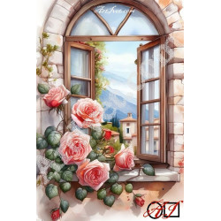 Наличен Диамантен гоблен РОЗИ НА ПРОЗОРЕЦА: Размер и Вид - Кръгли диаманти 32х20