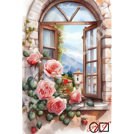 Наличен Диамантен гоблен РОЗИ НА ПРОЗОРЕЦА: Размер и Вид - Кръгли диаманти 32х20