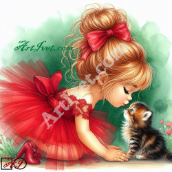 Наличен Диамантен гоблен - МОМИЧЕНЦЕ С КОТЕНЦЕ - ЧЕРВЕНА ОБИЧ: Размер и Вид - Квадратни диаманти 25х25