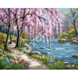 Наличен Диамантен гоблен РОЗОВИ ДЪРВЕТА ДОКОСВАЩИ ПОТОКА: Размер и Вид - Квадратни диаманти 60х48