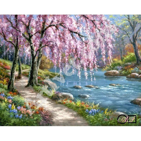 Наличен Диамантен гоблен РОЗОВИ ДЪРВЕТА ДОКОСВАЩИ ПОТОКА: Размер и Вид - Квадратни диаманти 60х48