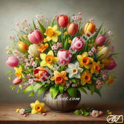 Наличен Диамантен гоблен - НАРЦИСИ И ЛАЛЕТА – ПРОЛЕТЕН БУКЕТ: Размер и Вид - Кръгли диаманти 35х35