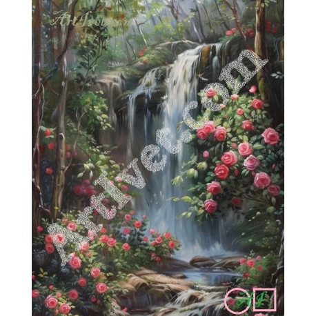 Наличен Диамантен гоблен ВОДОПАДЪТ, КЪДЕТО РОЗОВИТЕ РОЗИ ЦЪФТЯТ: Размер и Вид - Квадратни диаманти 40х32