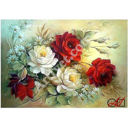 Наличен Диамантен гоблен - БЕЛИ И ЧЕРВЕНИ РОЗИ: Размер и Вид - Кръгли диаманти 28х20