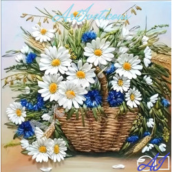 Наличен Диамантен гоблен -БУКЕТ ОТ ПОЛЕТО – МАРГАРИТКИ И МЕТЛИЧИНИ: Размер и Вид - Квадратни диаманти 25х25