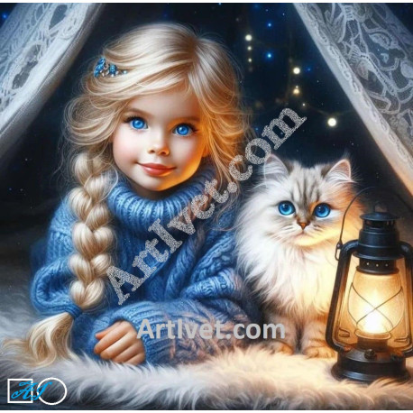 Наличен Диамантен гоблен - МОМИЧЕ И КОТЕ - СИНЕОКИ ПРИЯТЕЛЧЕТА: Размер и Вид - Кръгли диаманти 30х30