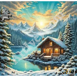 Наличен Диамантен гоблен - ХИЖА ДО ЕЗЕРОТО СРЕД БОРОВЕ ОТРУПАНИ СЪС СНЯГ: Размер и Вид - Кръгли диаманти 40х40