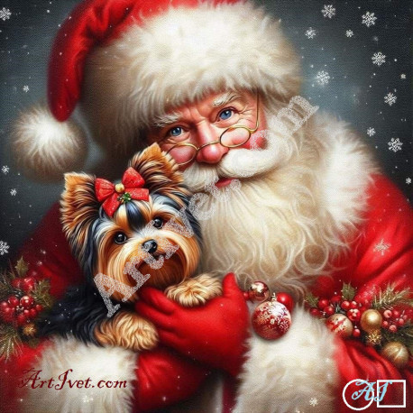 Наличен Диамантен гоблен - ДЯДО КОЛЕДА И КУЧЕНЦЕ ЙОРКИ: Размер и Вид - Кръгли диаманти 25х25