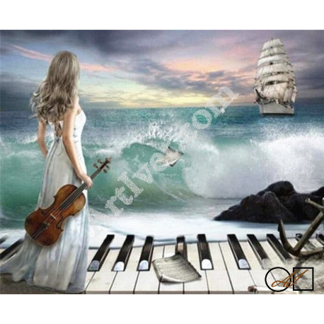 Наличен Диамантен гоблен ПЕСЕНТА НА БУРНОТО МОРЕ: Размер и Вид - Кръгли диаманти 42х35