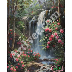 Наличен Диамантен гоблен ВОДОПАДЪТ, КЪДЕТО РОЗОВИТЕ РОЗИ ЦЪФТЯТ: Размер и Вид - Квадратни диаманти 30х24