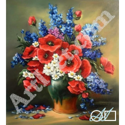 Наличен Диамантен гоблен - БУКЕТ С ЧЕРВЕНИ МАКОВЕ, РОСНИ МАРГАРИТКИ И СИН ДЕЛФИНИУМ: Размер и Вид - Кръгли диаманти 38х35