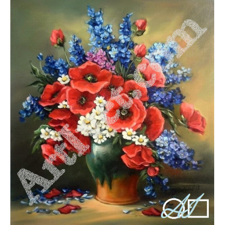 Наличен Диамантен гоблен - БУКЕТ С ЧЕРВЕНИ МАКОВЕ, РОСНИ МАРГАРИТКИ И СИН ДЕЛФИНИУМ: Размер и Вид - Кръгли диаманти 38х35