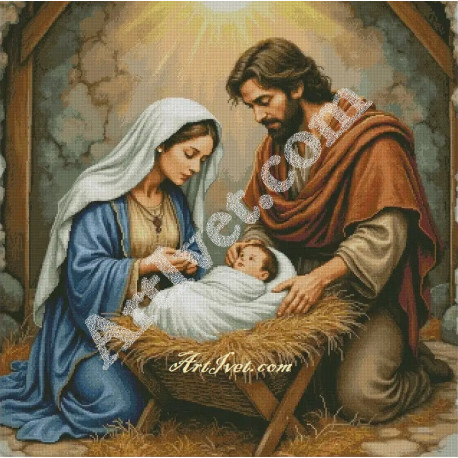 Наличен Диамантен гоблен - РАЖДАНЕТО НА ИСУС – КРАЙ ЯСЛИТЕ: Размер и Вид - Квадратни диаманти 20х20