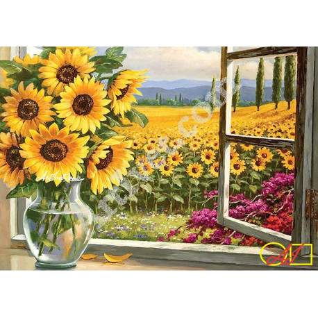 Наличен Диамантен гоблен - СЛЪНЧОГЛЕДОВИ СПОМЕНИ ОТ ЛЯТОТО: Размер и Вид - Квадратни диаманти 28х20