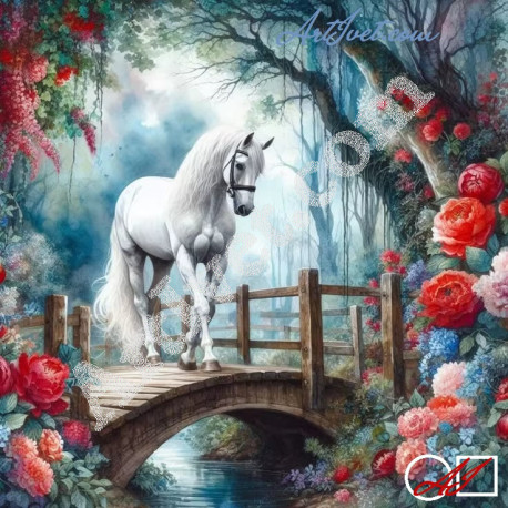 Наличен Диамантен гоблен - БЯЛ КОН ОТ ПРИКАЗНА ИСТОРИЯ: Размер и Вид - Квадратни диаманти 40х40