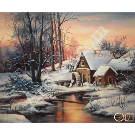 Наличен Диамантен гоблен ЗИМЕН ПЕЙЗАЖ СЪС СТАРА ВОДЕНИЦА: Размер и Вид - Кръгли диаманти 30х25