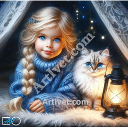 Наличен Диамантен гоблен - МОМИЧЕ И КОТЕ - СИНЕОКИ ПРИЯТЕЛЧЕТА: Размер и Вид - Квадратни диаманти 30х30