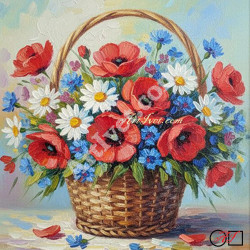 Наличен Диамантен гоблен - КОШНИЦА С ЦВЕТЯ - МАКОВО ОЧАРОВАНИЕ: Размер и Вид - Кръгли диаманти 30х30