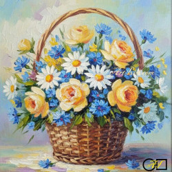 Наличен Диамантен гоблен - КОШНИЦА С ЦВЕТЯ - ЖЪЛТИ РОЗИ, МЕТЛИЧИНИ И МАРГАРИТИ: Размер и Вид - Кръгли диаманти 30х30