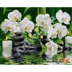 Наличен Диамантен гоблен РЕЛАКС С БЕЛИ ОРХИДЕИ: Размер и Вид - Кръгли диаманти 60х48